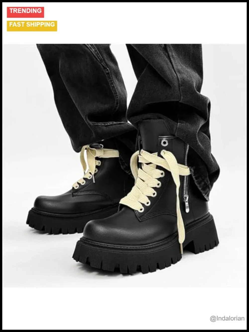 Men's Faux Leather Lace Up Ankle Combat Boots Side Zipper Chunky Heel Lug Sole